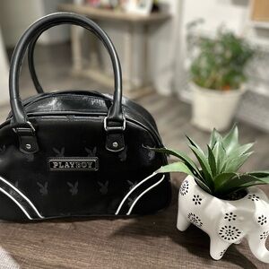 PLAYBOY Black Dome Satchel with White Piping